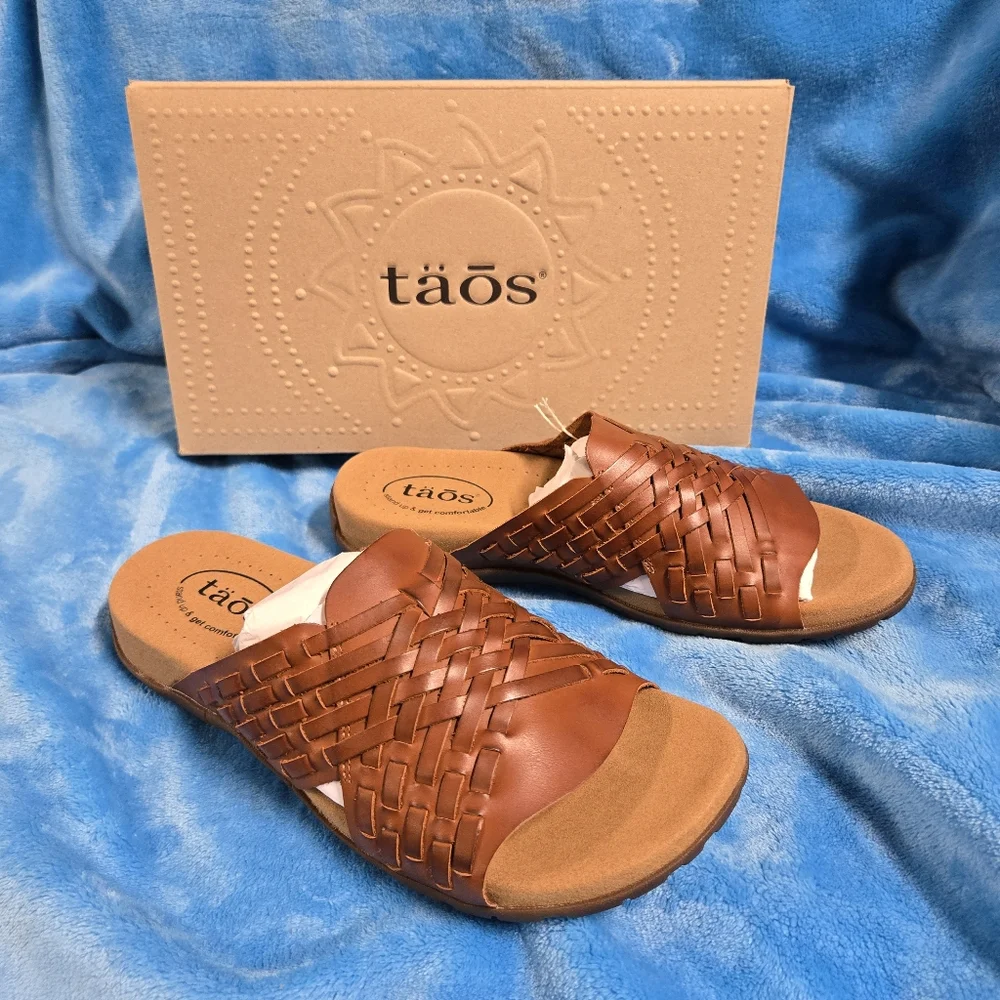Taos Footwear Cognac Tan Woven Leather Slide Sandal